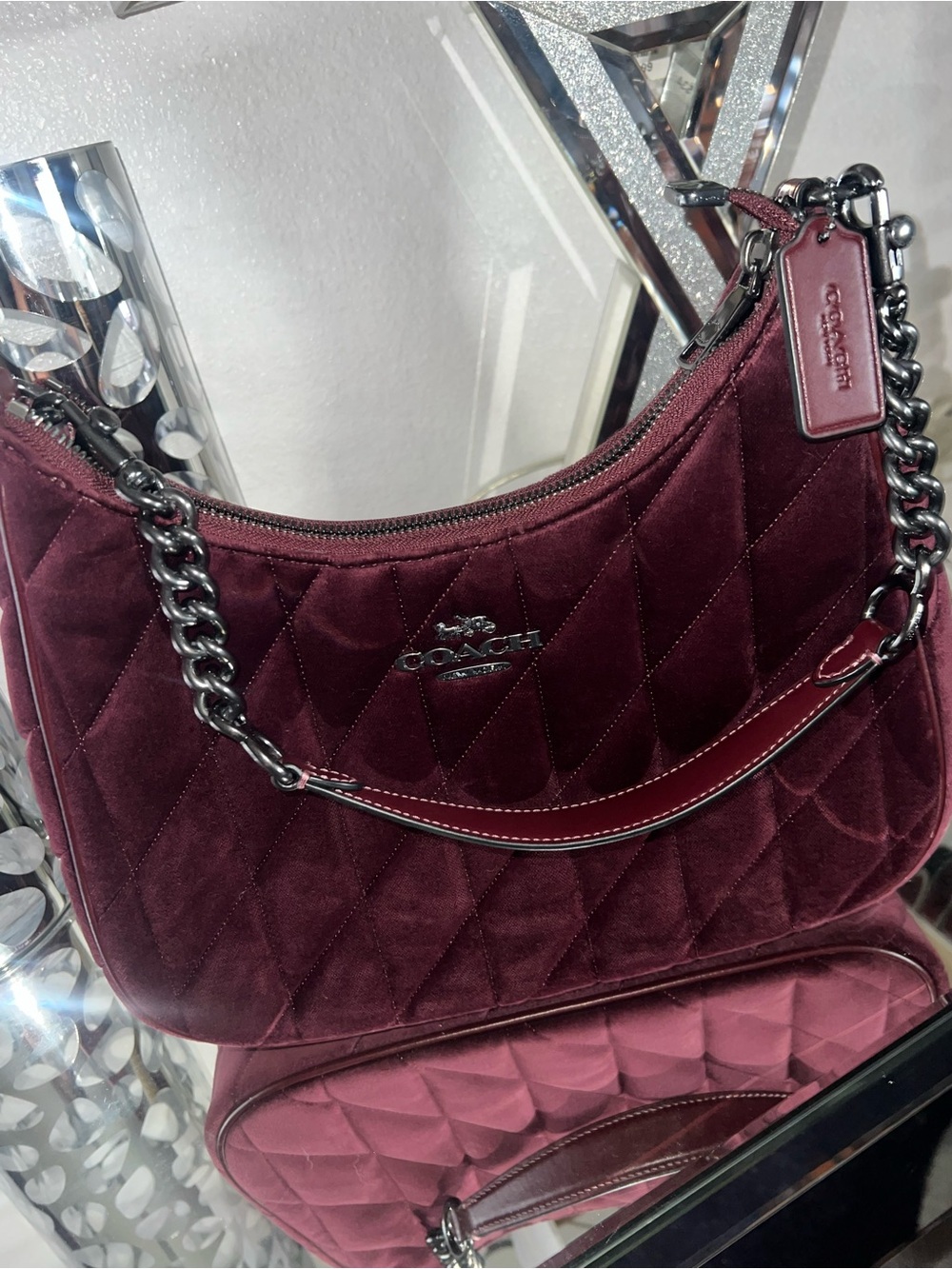 COACH Quilted Velvet Shoulder Bag in Burgundy/black currant